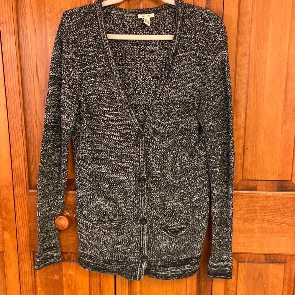 Forever 21 Cardigan Button Up Sweater Cotton Pockets Ribbed Knit Casual Career